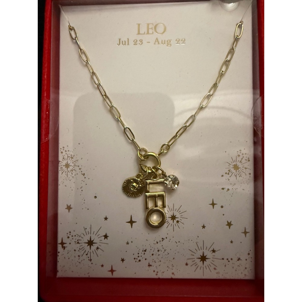 Leo Zodiac Gold Tone Paperclip Chain Necklace with Lion and Rhinestone Charms